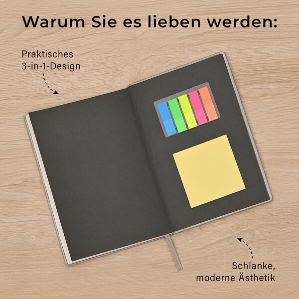 Notizbuch-Set, Silber, 2 Gr&ouml;&szlig;en, PU-Einband, Metallstift, Geschenkbox Schwarz image number 4