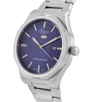 GENOA - Japanisches Uhrwerk, Blaues Sonnenschliff-Zifferblatt mit Balkenindexen, Reiner Edelstahl mit Faltschlie&szlig;e, Bicolor, 20 cm