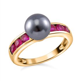 Tahiti Muschelkernperle, Afrikanischer Rubin (Fissure gefüllt) Ring 925 Silber vergoldet (Größe 19.00)