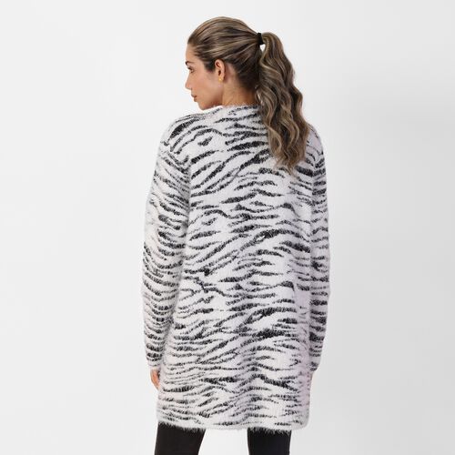 Langer Cardigan mit Taschen und Knopf, gestrickt, Einheitsgröße Zebra Muster image number 1