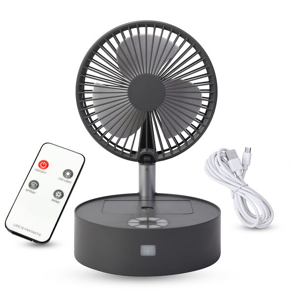 Kabelloser, faltbarer Ventilator mit integriertem Luftbefeuchter, USB-Anschluss, Dunkelgrau