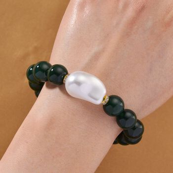 Verde Onyx, Wei&szlig;e Muschelkernperle, Wei&szlig;er Zirkonia Armband ca. Flexibles cm Standard gelb vergoldet