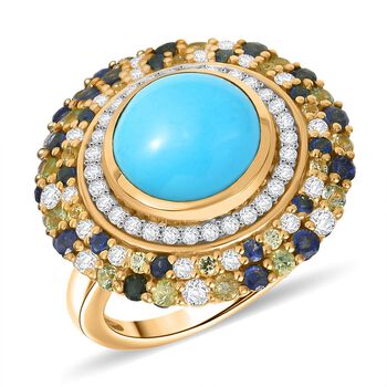 AA Sleeping Beauty T&uuml;rkis, Blauer Saphir Ring 925 Silber 750 Gelbgold Vermeil (Gr&ouml;&szlig;e 19.00) ca. 5.86 ct