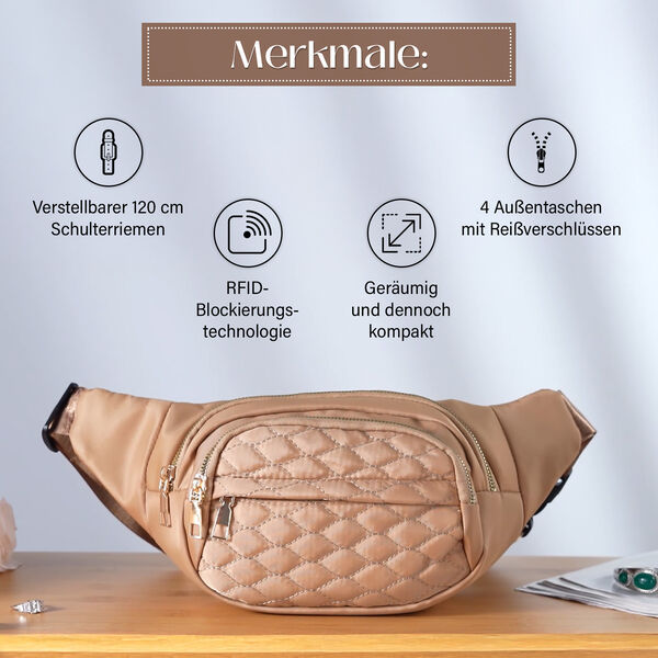 Nylon-Gürteltasche mit RFID-Schutz, 36x4x13cm, Khaki image number 4