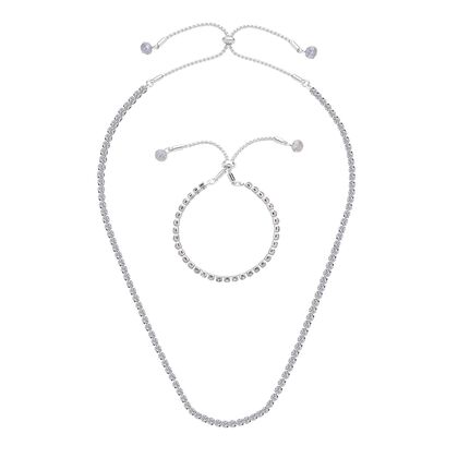 2er Set Wei&szlig;e Kristall Halskette und Armband mit Bolo Verl&auml;ngerung, silberfarben