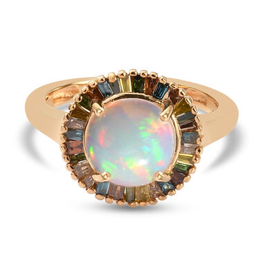 Natürlicher, äthiopischer Opal und mehrfarbiger Diamant-Ring, 925 Silber Gelbgold Vermeil  ca. 1,70 ct