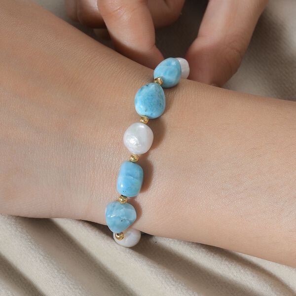 Natürliches, grünes Larimar und Perlen-Armband, 19 cm - 72 ct. image number 3