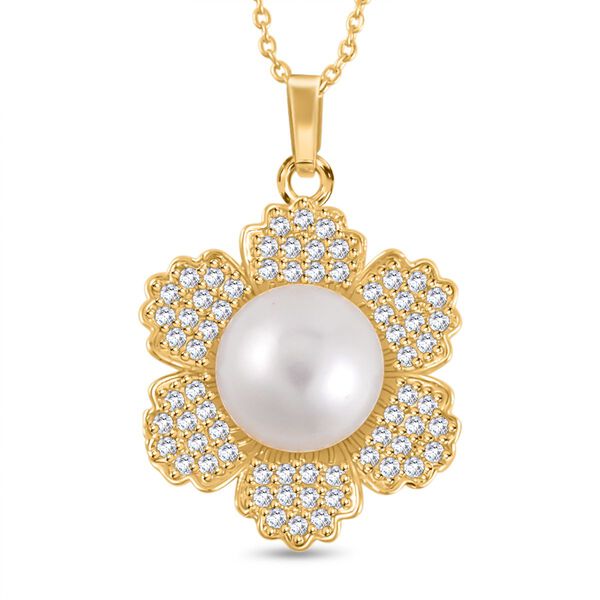 Weiße Süßwasser Perle, Weißer Zirkonia Anhänger mit Kette, Reines Messing image number 0