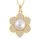 Weiße Süßwasser Perle, Weißer Zirkonia Anhänger mit Kette, Reines Messing