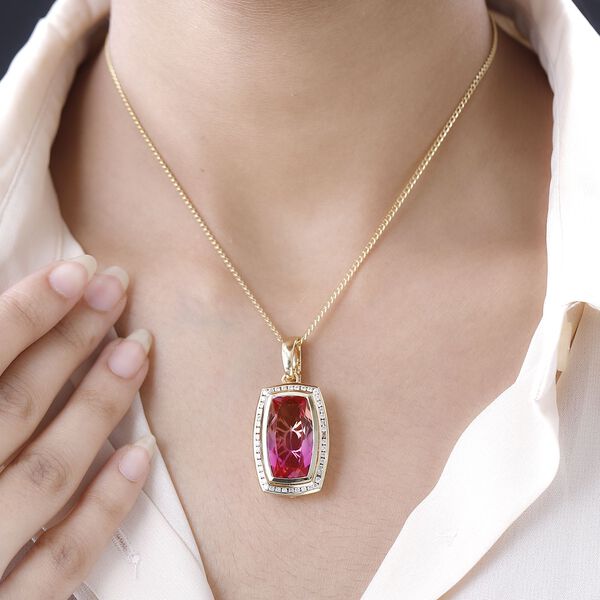 Sunset Quarz Triplette, wei&szlig;er Zirkon Anh&auml;nger mit Kette, 925 Silber Gelbgold Vermeil ca. 20.32 ct image number 3