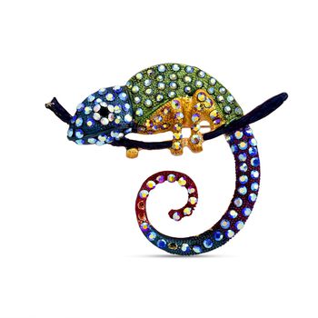 Mehrfarbige Kristall-Brosche in Goldton, Cham&auml;leon