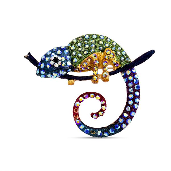 Mehrfarbige Kristall-Brosche in Goldton, Cham&auml;leon