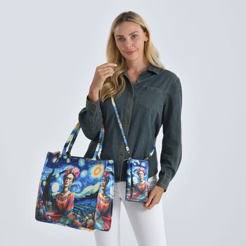 Frida Kahlo und Sternennacht Design Set, Shopper und Handy Umh&auml;ngetasche, 40 x 12 x 35 cm, Marineblau