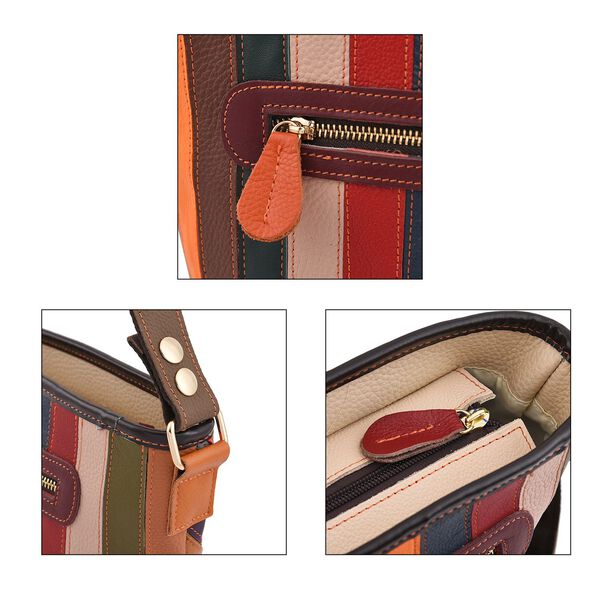CHAOS BY ELSIE - Umh&auml;nge-Patchworktasche aus 100% echtem Leder mit Streifenmuster, 25x11x22 cm, V-Muster, glattes Leder image number 5