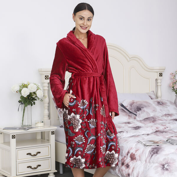 Bedruckter Flanell Bademantel mit G&uuml;rtel und Taschen, Rot image number 2