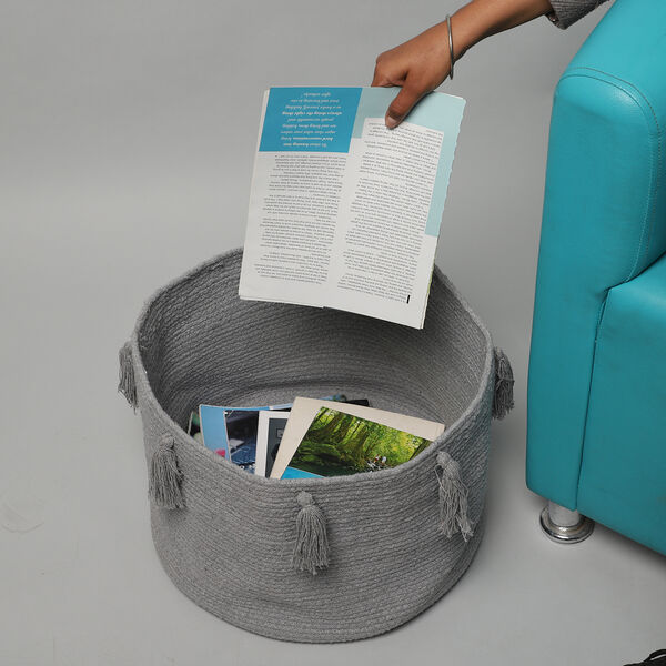 Aufbewahrungskorb aus 100 % Baumwolle mit Quasten, 45x45x30 cm, Grau image number 2