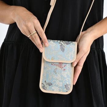 LA MAREY Brokat Handy Umh&auml;ngetasche aus Seide und Echtleder, 12x19x3cm, Hellblau