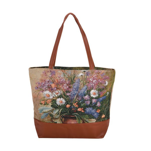 Schultertasche mit Blumenmuster, 42x34x12cm, Beige
