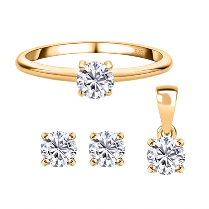 Moissanit Ring, Anh&auml;nger und Ohrringe, 925 Silber vergoldet ca. 1,70 ct