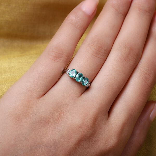 Sambischer Smaragd und Diamant 3 Stein Ring 925 Silber Platin-Überzug image number 3