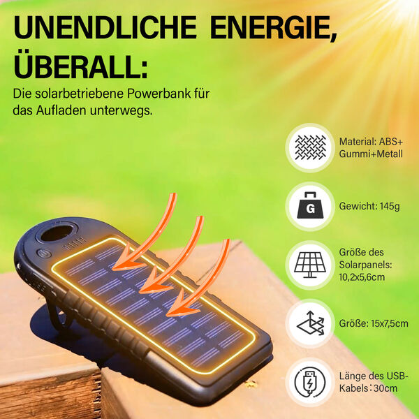 Solarbetriebene Powerbank mit USB Anschluss, Schwarz image number 2