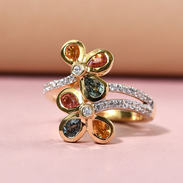 Mehrfarbiger Saphir und floraler Zirkon-Bypass-Ring, 925 Silber vergoldet, 1,56 ct. image number 2