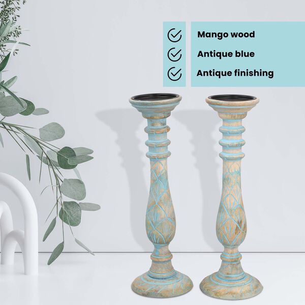Set aus 2 antiken geschnitzten Holzkerzenhaltern mit rundem Ständer, 38cm, Hellblau image number 3