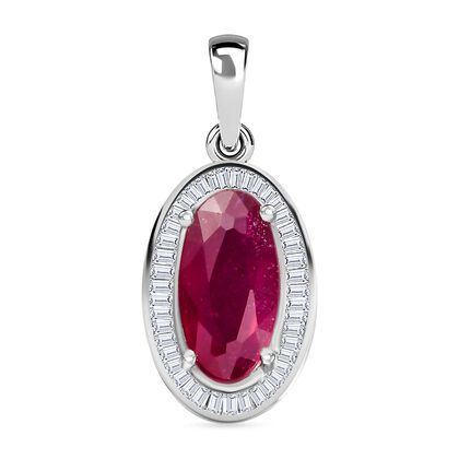 Afrikanischer Rubin (Fissure gef&uuml;llt), Wei&szlig;er Diamant Anh&auml;nger 925 Silber rhodiniert ca. 3.81 ct