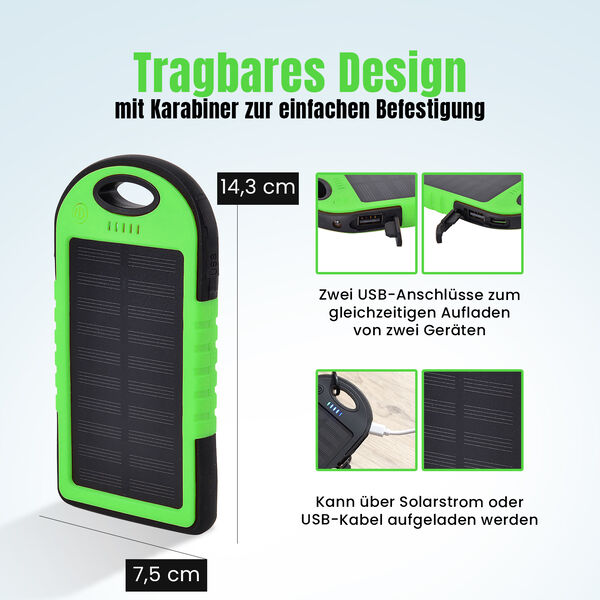 Homesmart Solar Powerbank mit LED-Licht, 14,3&times;7,5cm, Gr&uuml;n image number 3