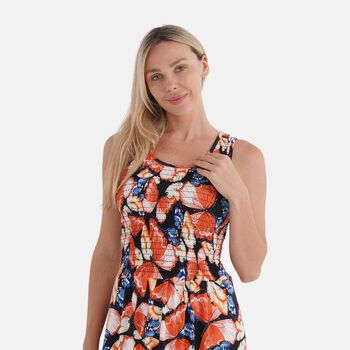 Schulterfreies, gesmoktes Kleid mit rosa Blumenmuster und G&uuml;rtel, Mehrfarbig