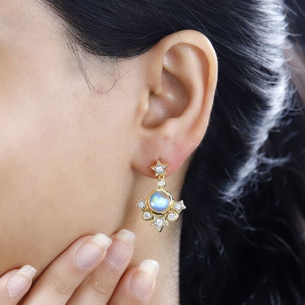 GP Celestial Kollektion - AA Regenbogen Mondstein, Moissanit Ohrringe 925 Silber 750 Gelbgold Vermeil ca. 5.42 ct image number 2