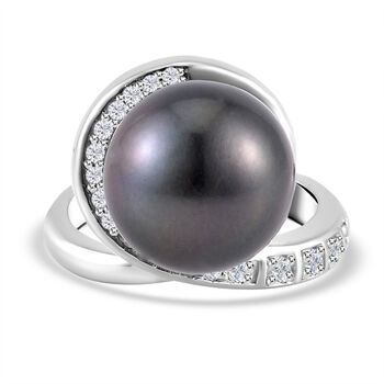 Tahiti Perle, Wei&szlig;er Zirkon Ringe 925 Silber platiniert (Gr&ouml;&szlig;e 21.00) ca. 0,45 ct