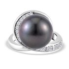 Tahiti Perle, Weißer Zirkon Ringe 925 Silber platiniert (Größe 21.00) ca. 0,45 ct