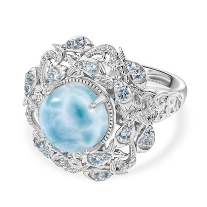 ShopLC EXKLUSIVE INNOVATION - Larimar, Himmelblauer Topas, Wei&szlig;er Zirkon Ring, 925 Silber rhodiniert (Gr&ouml;&szlig;e 19.00) ca. 8.91 ct