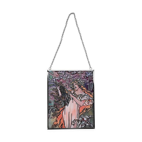 Handbemalter Glas Suncatcaher mit Kette, silberfarbenem Rahmen, Alphonse Mucha Motiv Frühling, 12x15 cm image number 2