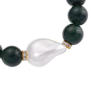 Verde Onyx, Wei&szlig;e Muschelkernperle, Wei&szlig;er Zirkonia Armband ca. Flexibles cm Standard gelb vergoldet