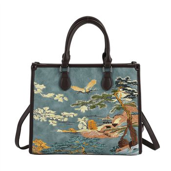 Bestickte Crossbody Tasche, Kunstleder, Blumen Design, 32 x 12 x 25 cm, Blau
