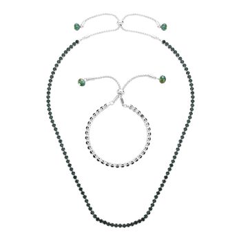 2er Set Neongr&uuml;ne Kristall Halskette und Armband mit Bolo Verl&auml;ngerung, silberfarben