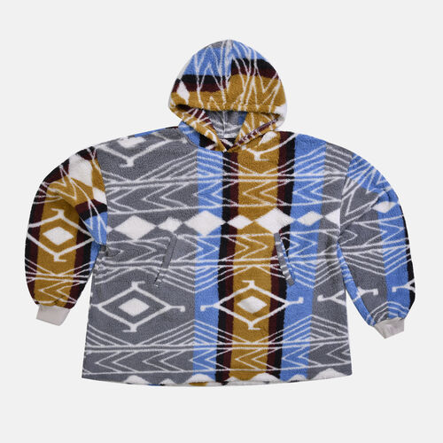 Wolkenweicher Sherpa-Hoodie mit Aztekenmuster, Blau-Grau-Senfgelb, Einheitsgröße  image number 0