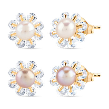 2er Set - Lila S&uuml;&szlig;wasser Perle, Wei&szlig;e S&uuml;&szlig;wasser Perle Ohrringe, Nickelfreies Messing, Goldfarben