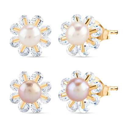 2er Set - Lila S&uuml;&szlig;wasser Perle, Wei&szlig;e S&uuml;&szlig;wasser Perle Ohrringe, Nickelfreies Messing, Goldfarben