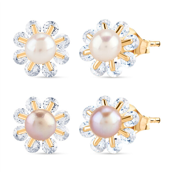 2er Set - Lila S&uuml;&szlig;wasser Perle, Wei&szlig;e S&uuml;&szlig;wasser Perle Ohrringe, Nickelfreies Messing, Goldfarben