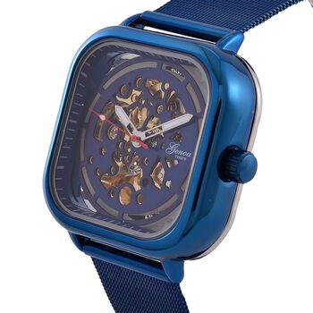 GENOA TIME V2 42mm Automatische Mechanikuhr - Schwarzes hohles Zifferblatt, Geh&auml;use aus Legierung mit IPS-Beschichtung, Edelstahl-Mesh-Armband, 3 ATM wasserdicht, Reiner Edelstahl, 8.5 cm, blau