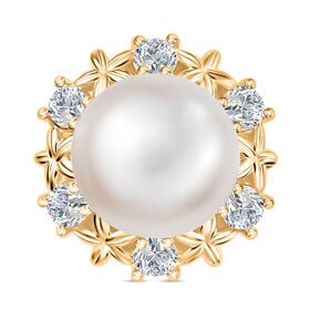Süßwasser Perle (9.5 mm), Weißer Zirkon Anhänger, Messing