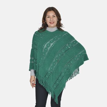 TAMSY - Strick-Poncho mit Perlen, 95x87 cm, gr&uuml;n