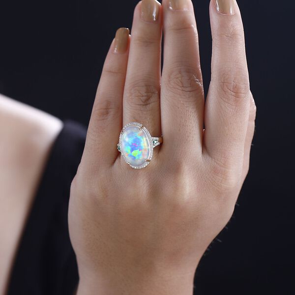 AAAA Natürlicher, äthiopischer Welo Opal, Diamant und kolumbianischer Smaragd-Ring in 585 Gold - 9,01 ct. image number 11