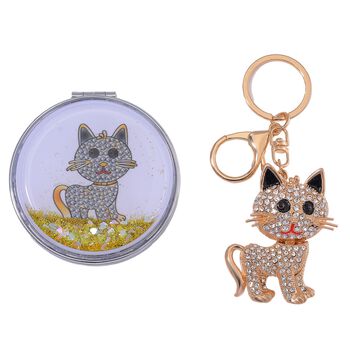 2er Set - Schwarzer Kristall, Katze-Set: Schl&uuml;sselanh&auml;nger und Spiegel, emailliert, goldfarben