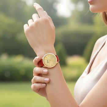 GENOA TIME - Armbanduhr Legierung, goldfarben, rotes Lederarmband, Zifferblatt Gold-Sunshine, 3 ATM wasserdicht