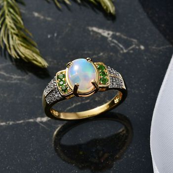 D'Joy AA Nat&uuml;rlicher, &auml;thiopischer Welo Opal, Nat&uuml;rlicher Chromdiopsid Ring 925 Silber vergoldet (Gr&ouml;&szlig;e 19.00) ca. 1.71 ct