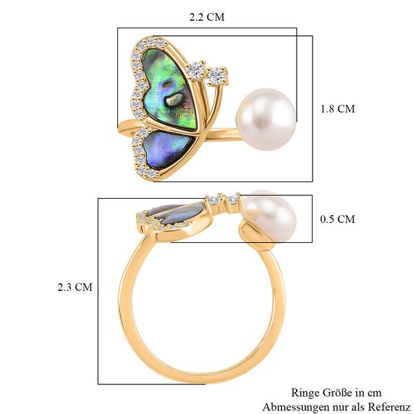 Weiße Süßwasser Perle, Weißer Zirkonia Ring Flexibles (Größe 17.00-18.00), Nickelfreies Messing gelb vergoldet image number 5